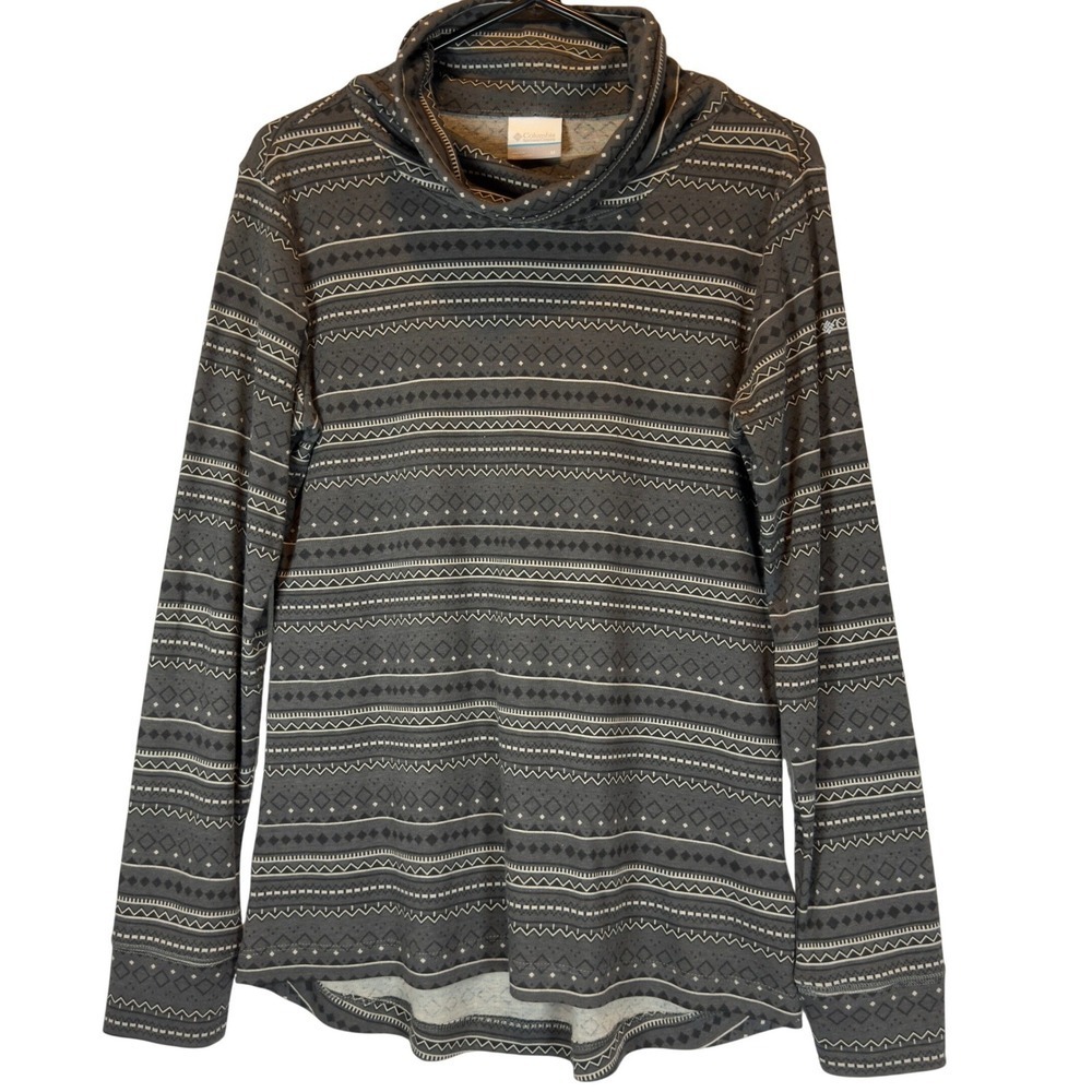 Columbia Turtleneck Top Womens M Fair Isle Gray Black White Cotton Blend Outdoor